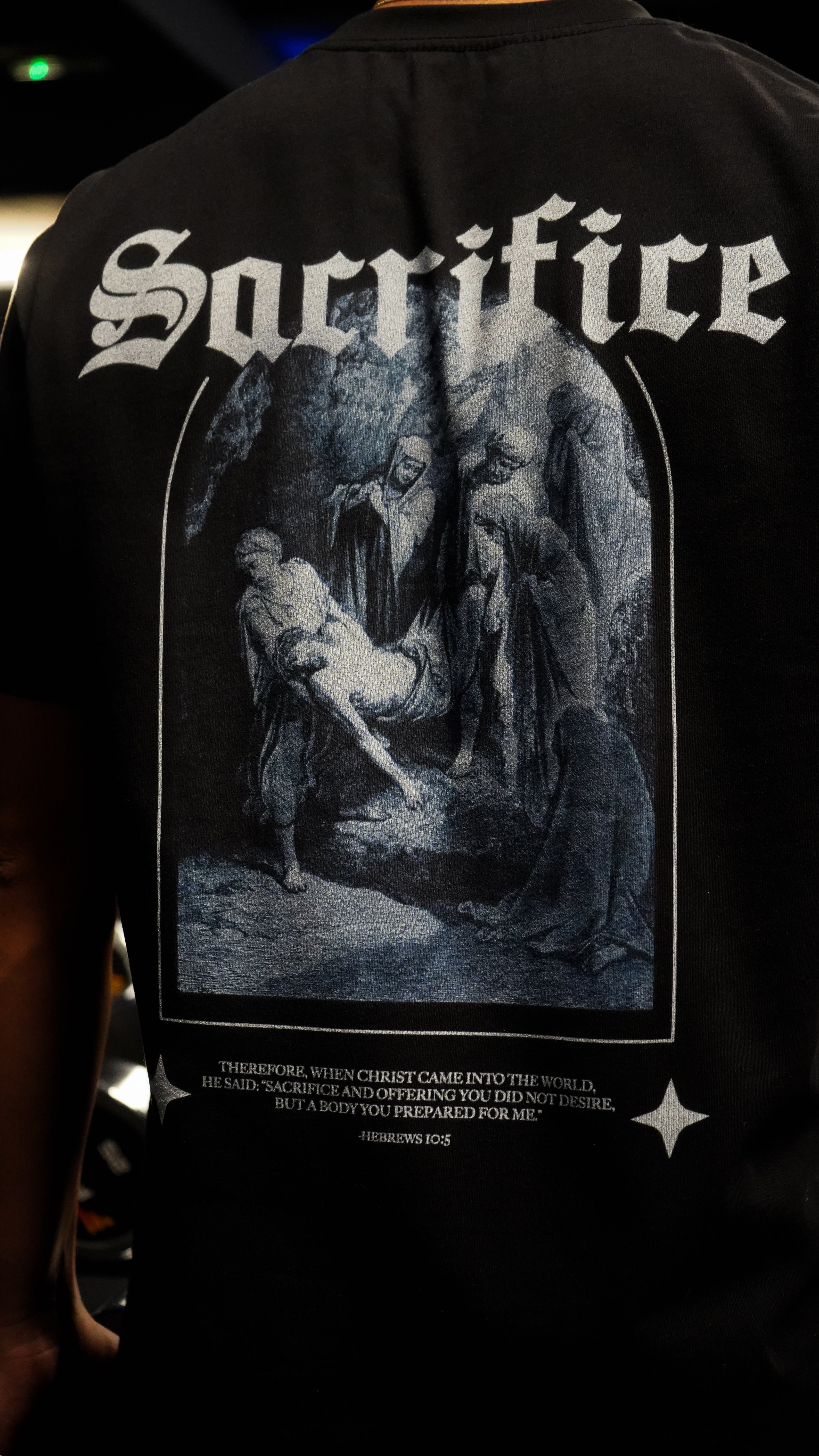 Saint Kaizen Christian gym wear shirt. Features the bold Sacrifice T-Shirt - Black spiritual design. Oversize fit made from premium 220gr cotton.