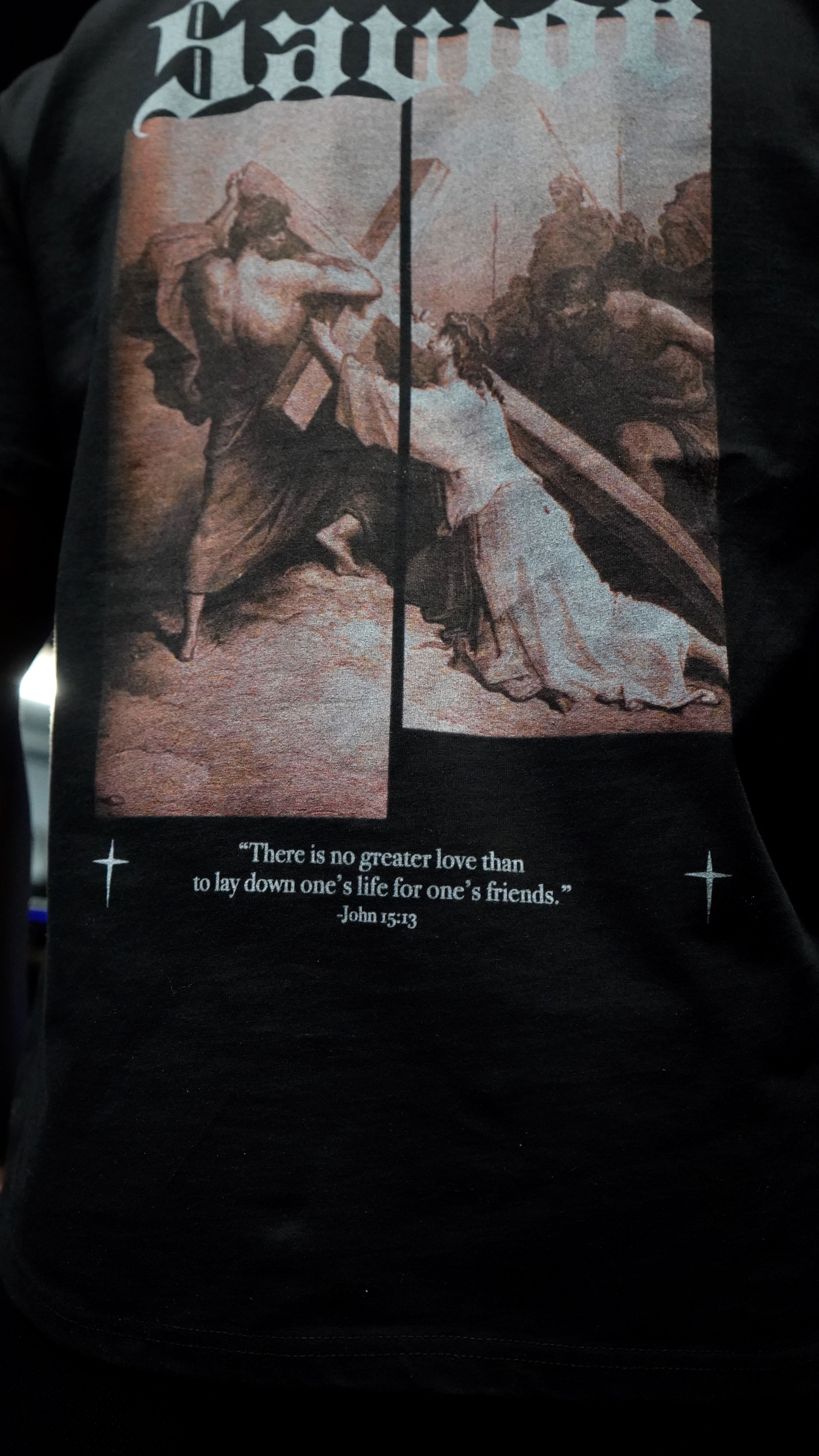 Saint Kaizen Christian gym wear shirt. Features the bold Savior T-Shirt spiritual design. Oversize fit made from premium 220gr cotton.