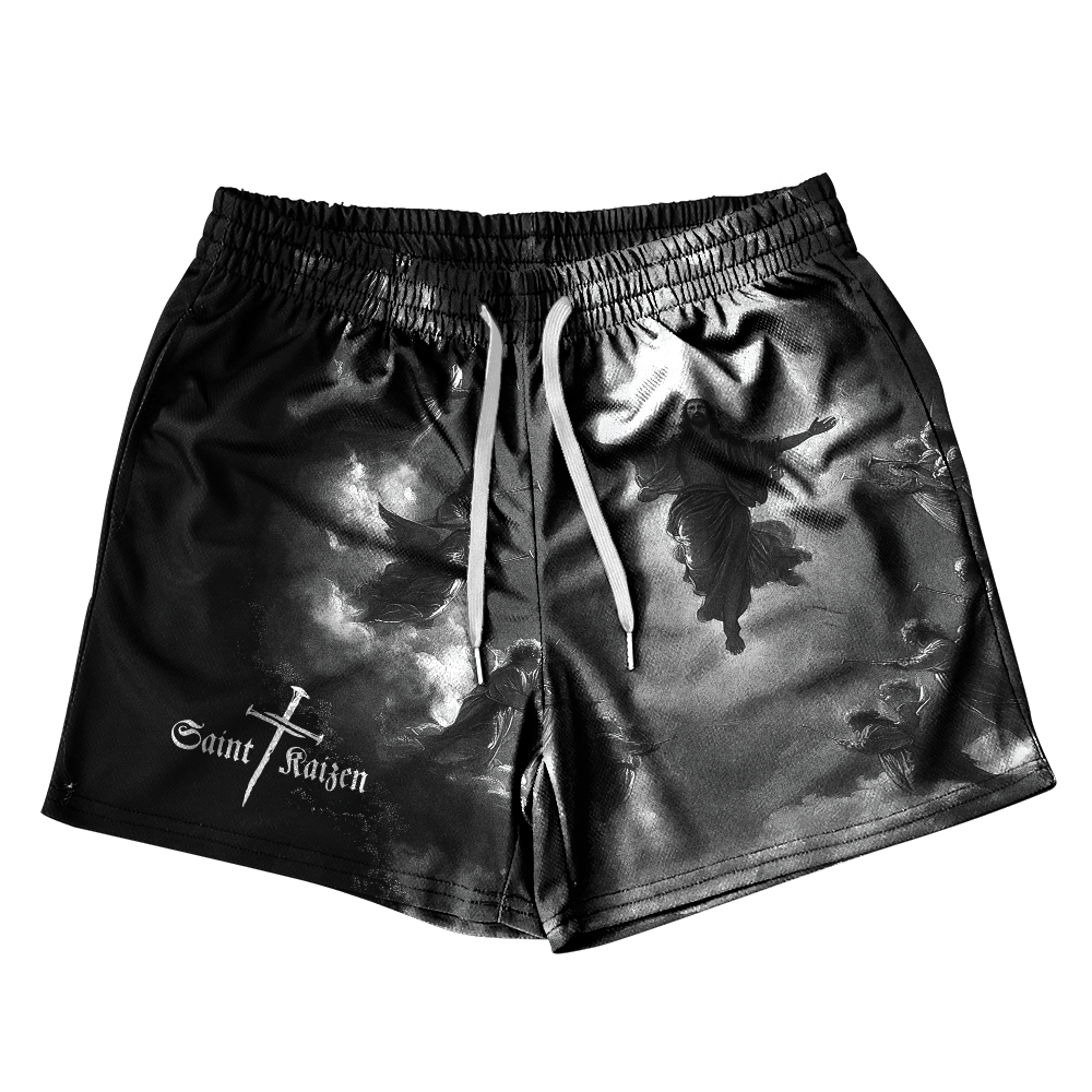 Saint Kaizen Christian gym wear Saviour Shorts. Lightweight 100% polyester mesh with bold printed spiritual design. Features a 5-inch inseam for mobility.
