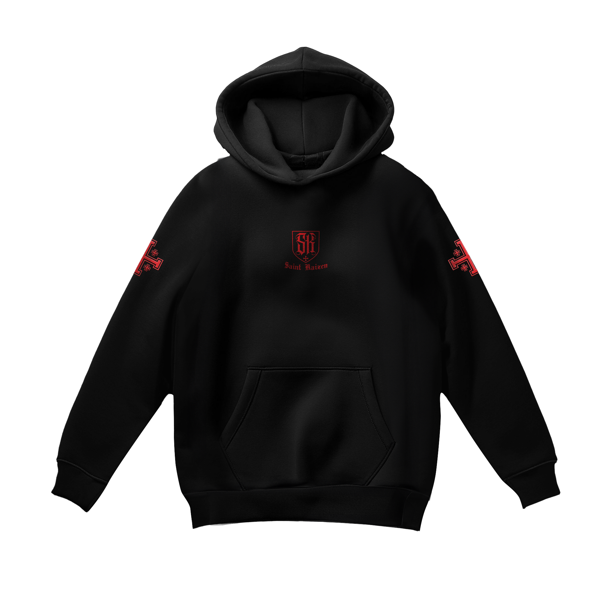 Saint Kaizen Soldier Embroidery Hoodie. Heavyweight Christian gym wear hoodie featuring detailed embroidered spiritual artwork.