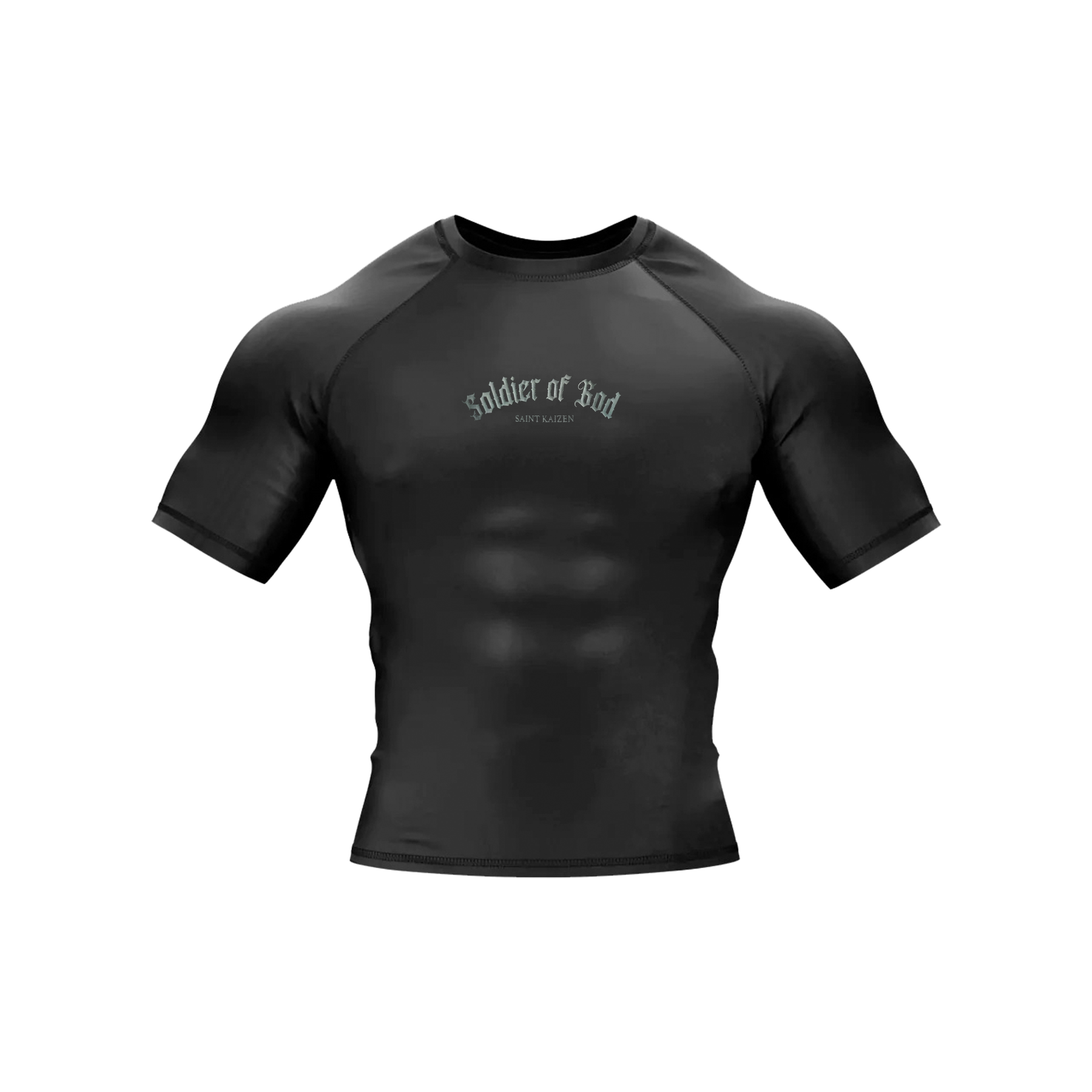 Saint Kaizen Soldier of God Compression Tee - Black. High-performance Christian gym wear with printed spiritual artwork. Tailored, ergonomic fit for muscle support.