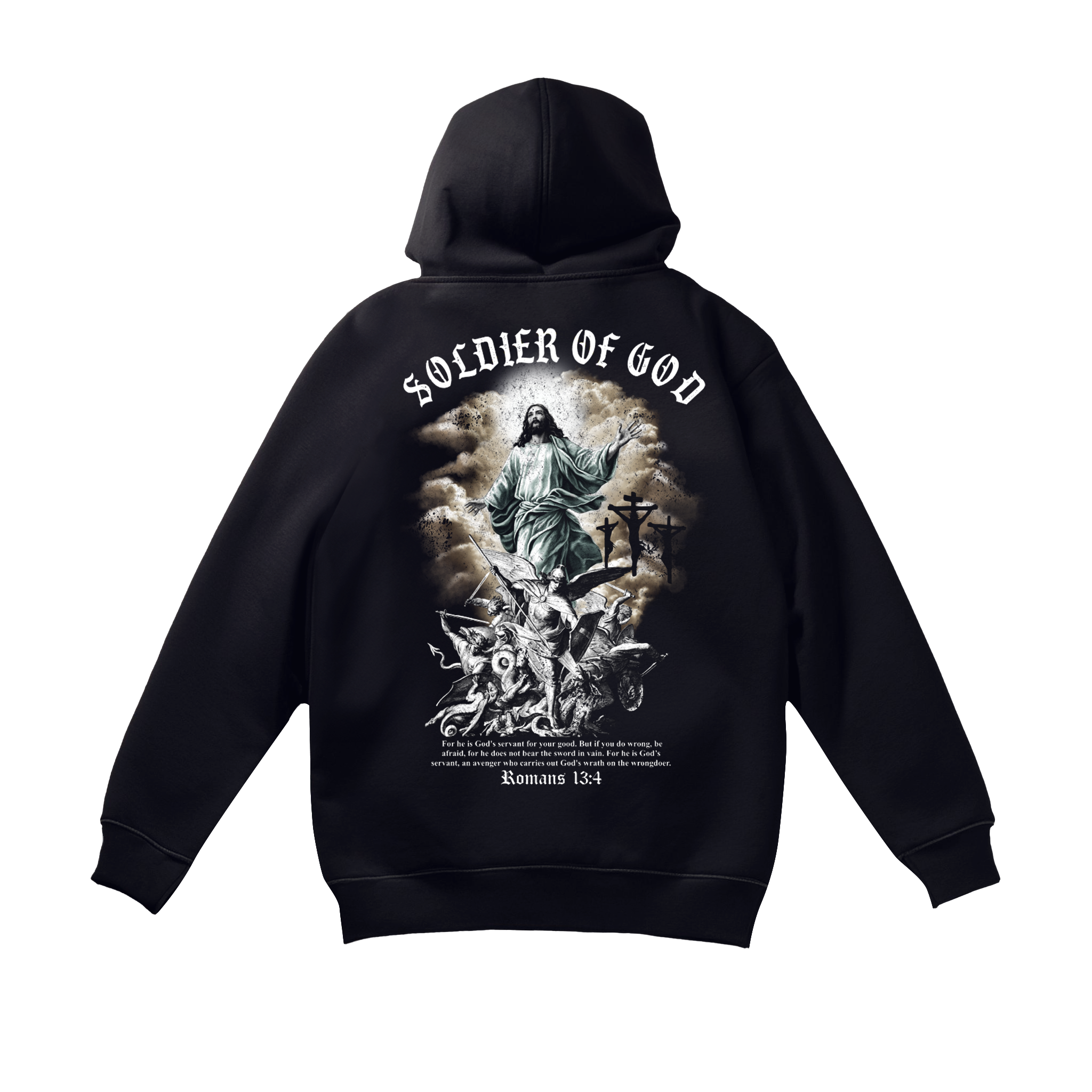 Saint Kaizen Soldier of God Hoodie Black. Heavyweight Christian gym wear hoodie featuring a durable with spiritual artwork.