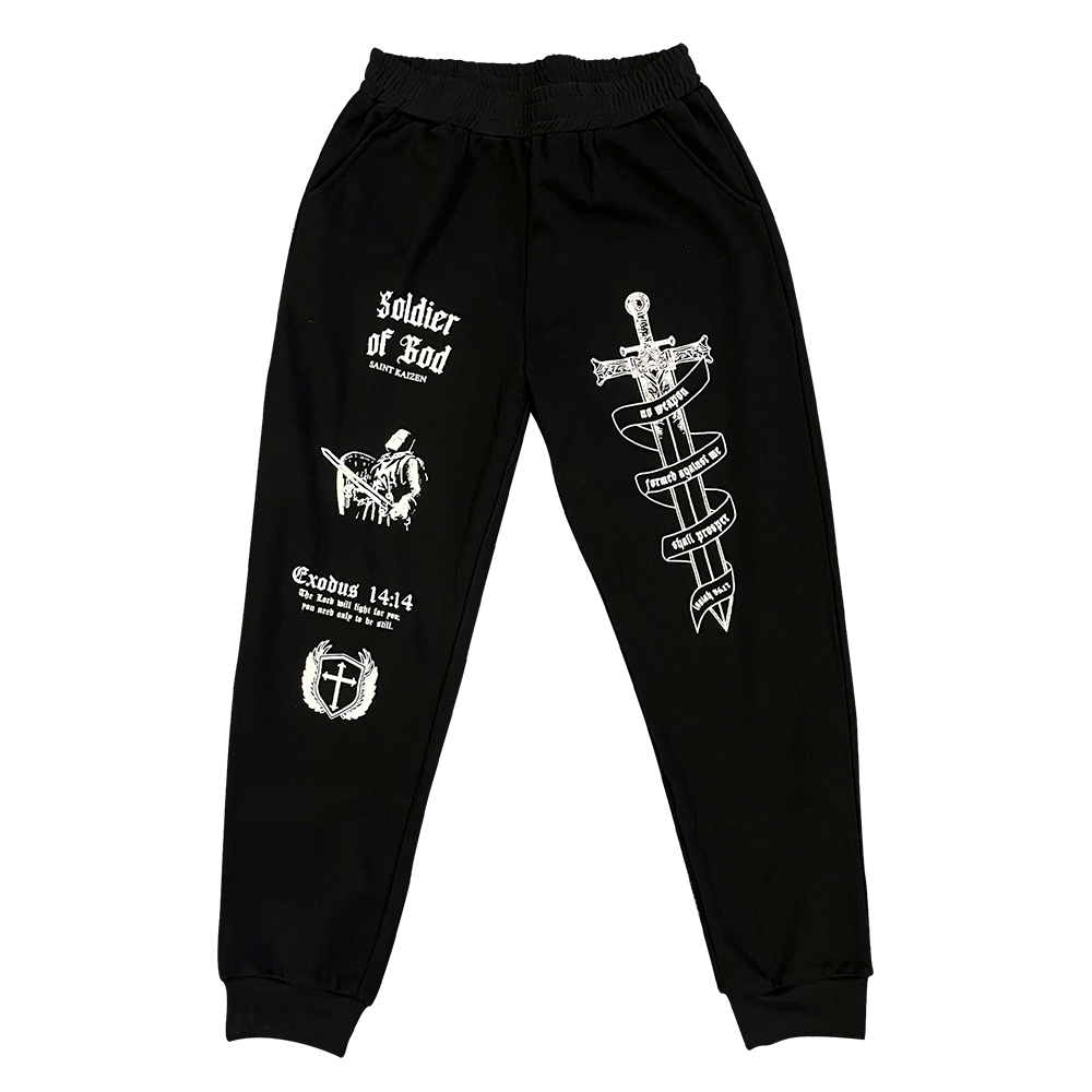 Saint Kaizen Soldier of God Joggers - Black. Christian gym wear with high-quality screen print design. Terry fleece lining for warmth and comfort.