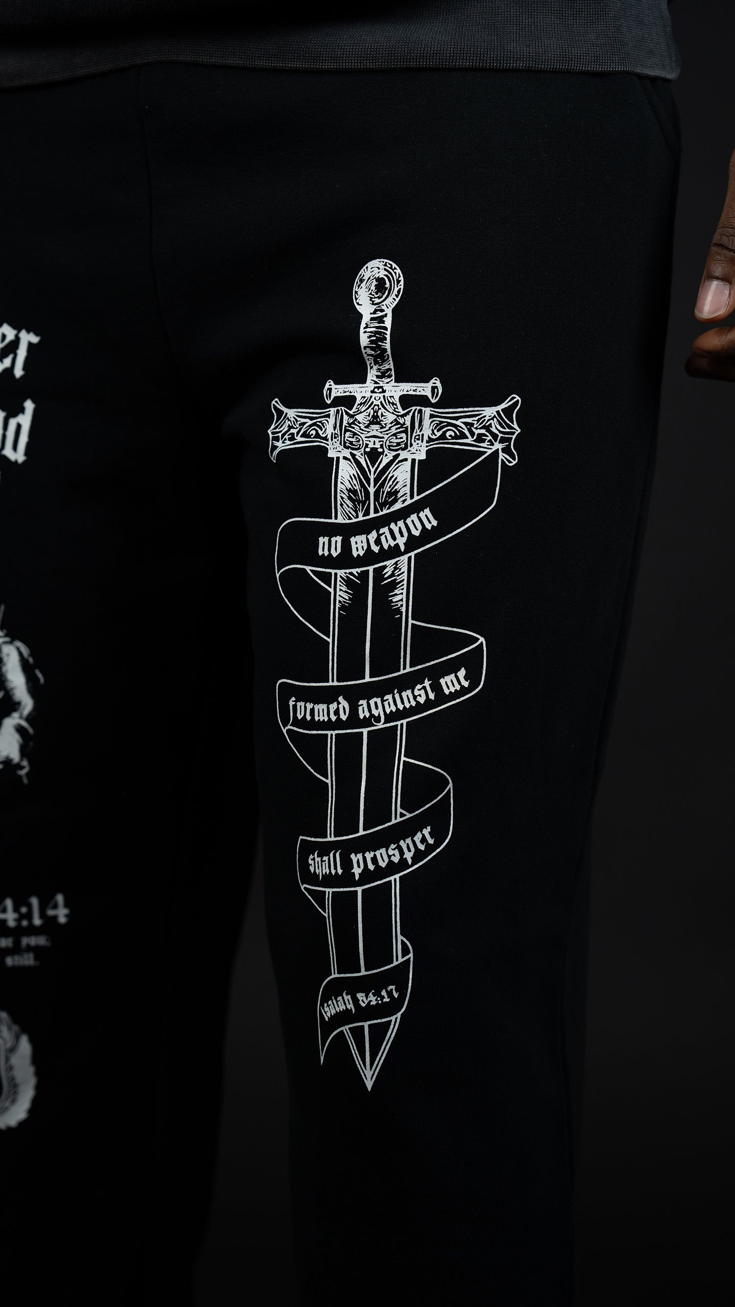 Saint Kaizen Soldier of God Joggers - Black. Christian gym wear with high-quality screen print design. Terry fleece lining for warmth and comfort.