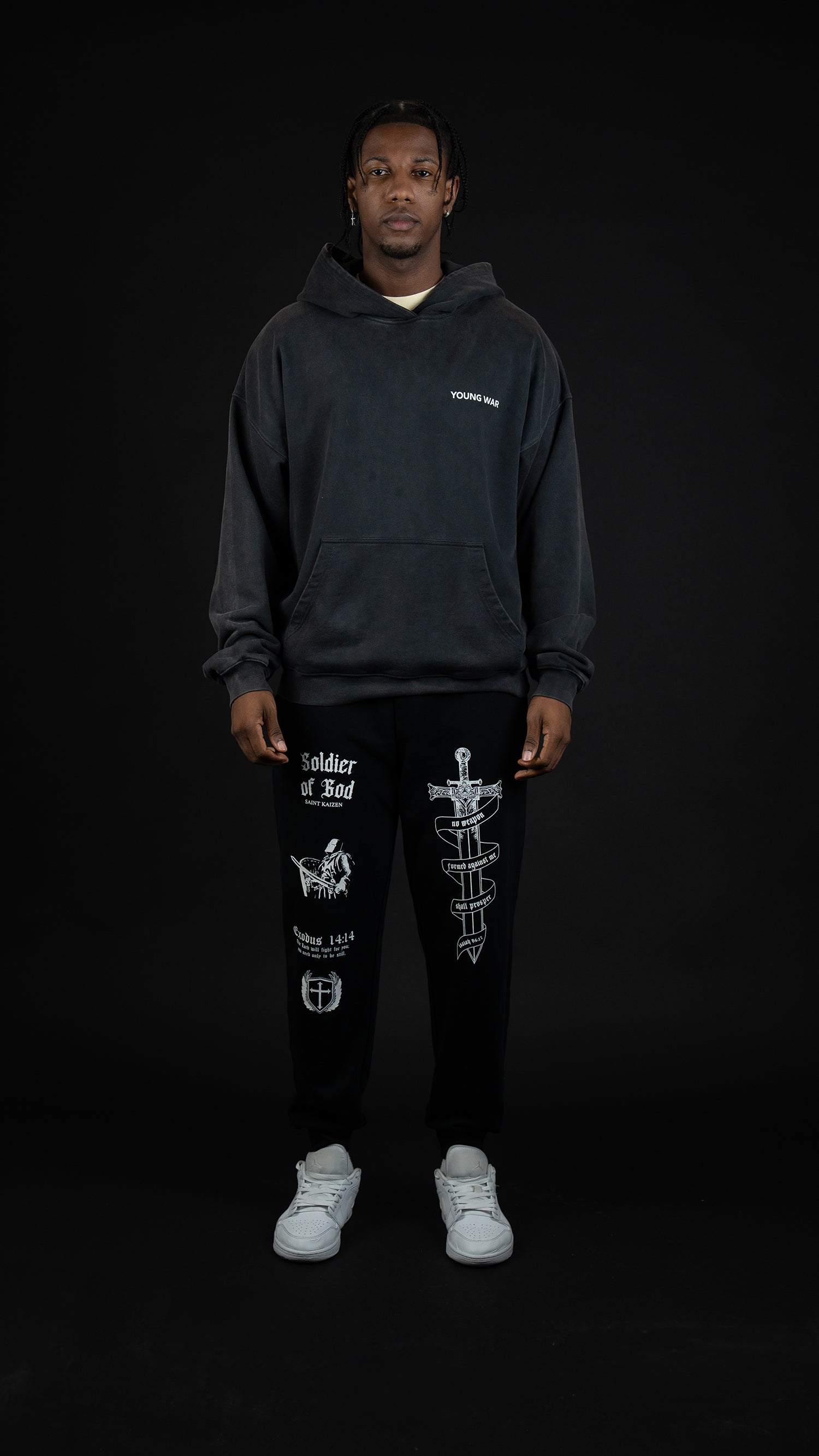 Saint Kaizen Soldier of God Joggers - Black. Christian gym wear with high-quality screen print design. Terry fleece lining for warmth and comfort.