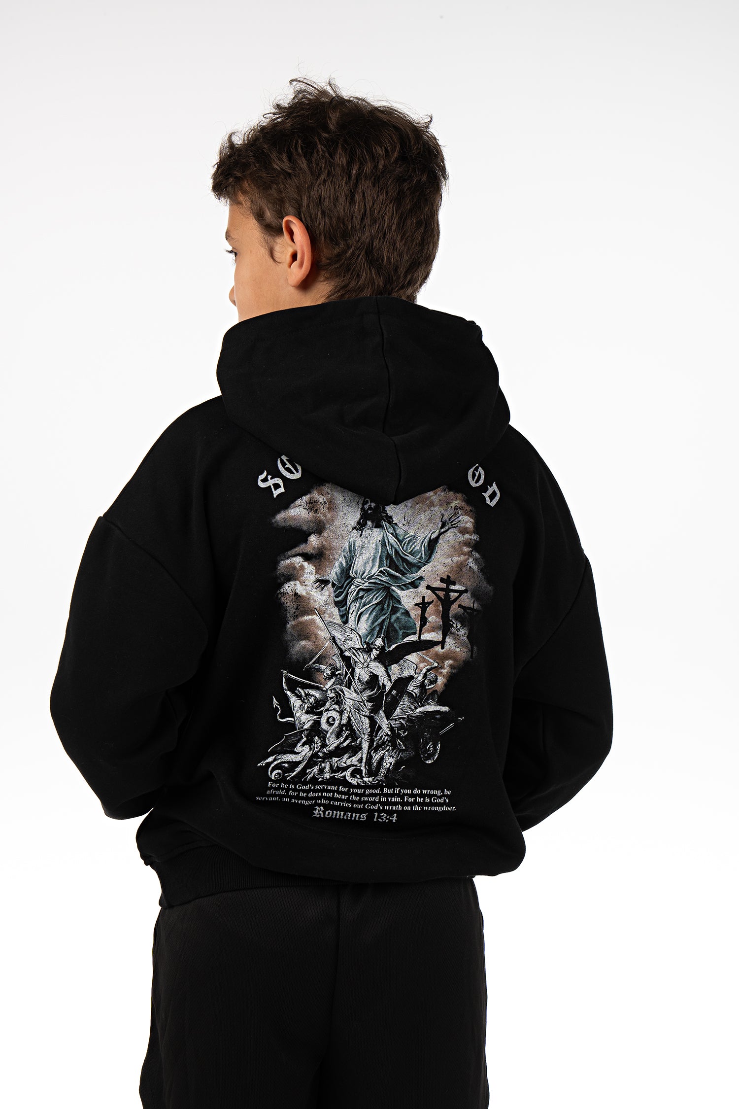 Saint Kaizen Soldier of God Youth Hoodie. Heavyweight Christian gym wear hoodie featuring a durable with spiritual artwork.