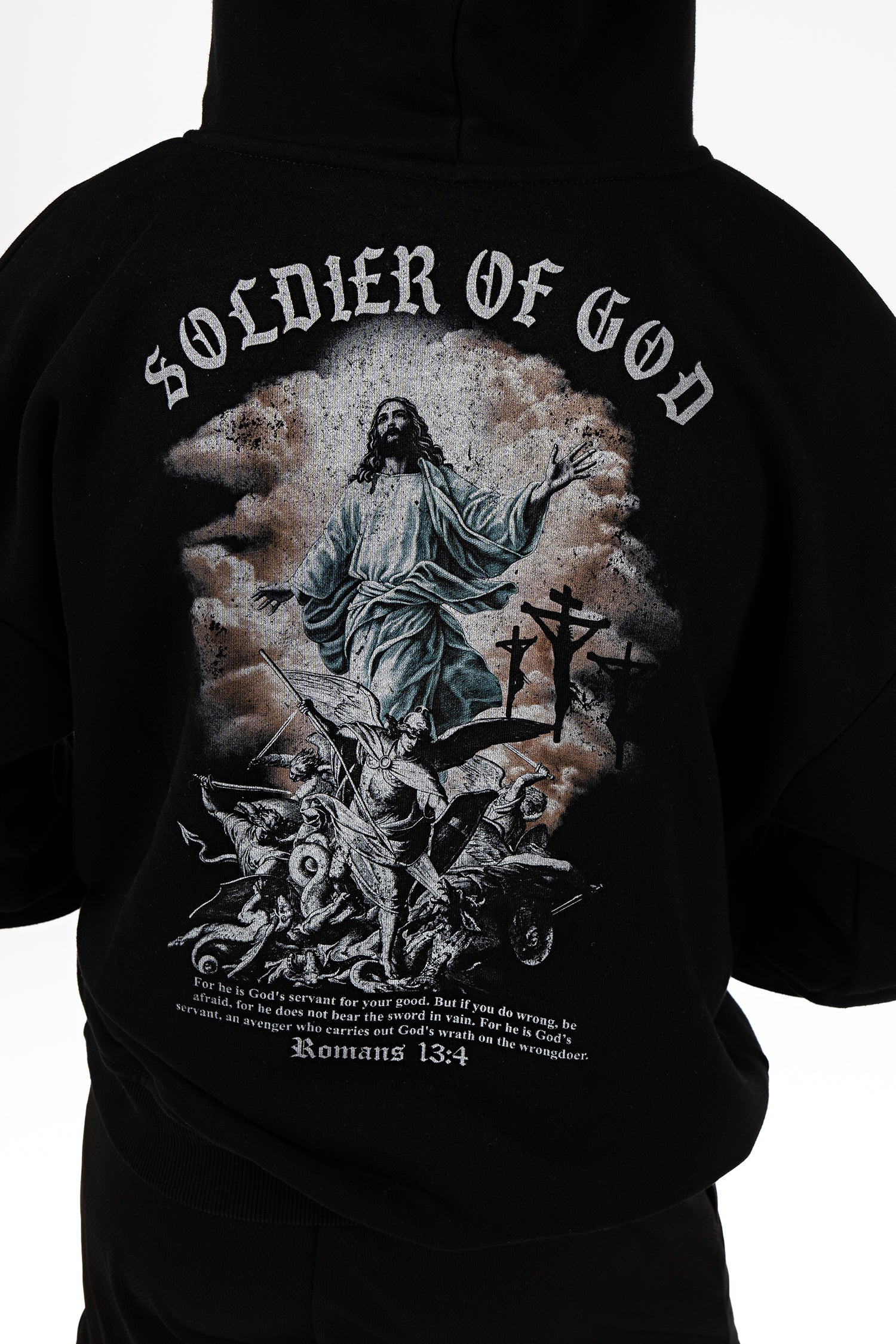 Saint Kaizen Soldier of God Youth Hoodie. Heavyweight Christian gym wear hoodie featuring a durable with spiritual artwork.