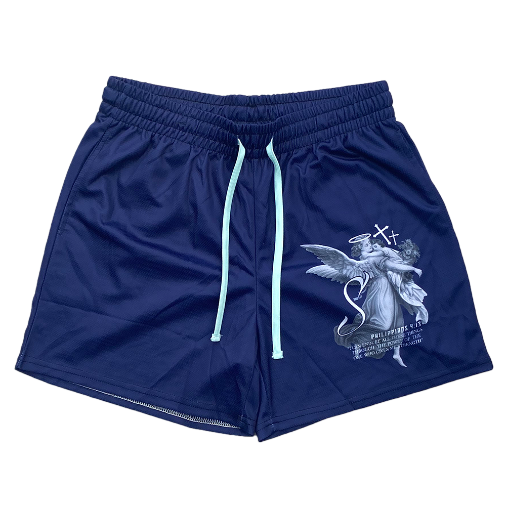 Christian-themed mesh gym shorts with Bible verses, made from 100% polyester, featuring double side pockets and a 5-inch inseam for comfort and mobility.