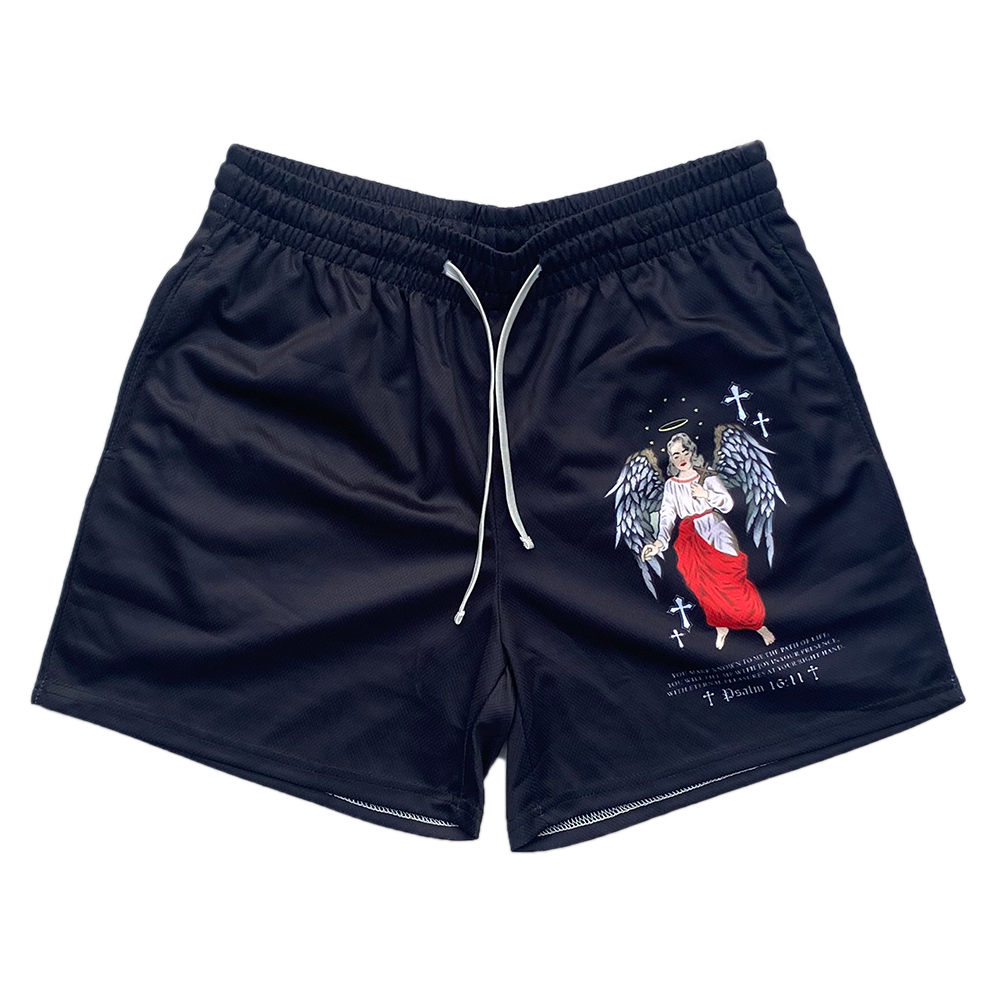 Christian-themed mesh gym shorts with Bible verses, made from 100% polyester, featuring double side pockets and a 5-inch inseam for comfort and mobility.