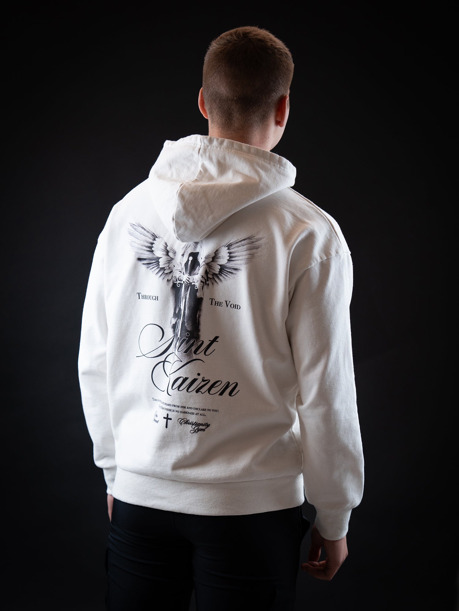 Saint Kaizen Through The Void Hoodie - White. Heavyweight Christian gym wear hoodie featuring a durable with spiritual artwork.