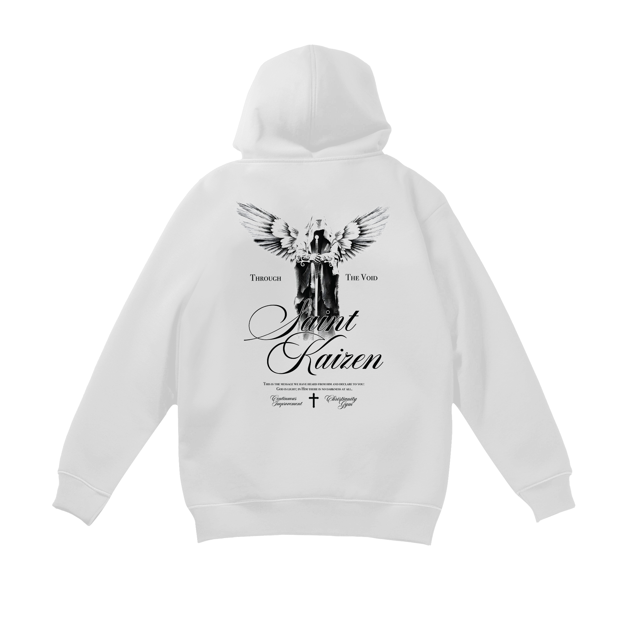 Saint Kaizen Through The Void Hoodie - White. Heavyweight Christian gym wear hoodie featuring a durable with spiritual artwork.