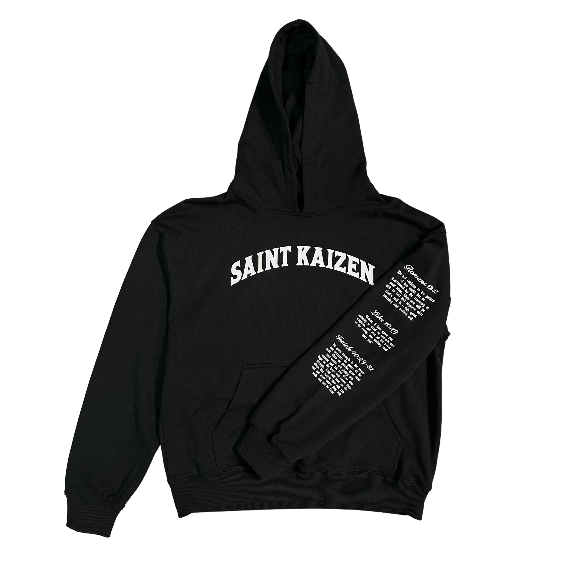 Saint Kaizen Verse Hoodie - Black. Heavyweight Christian gym wear hoodie featuring a durable with spiritual artwork.