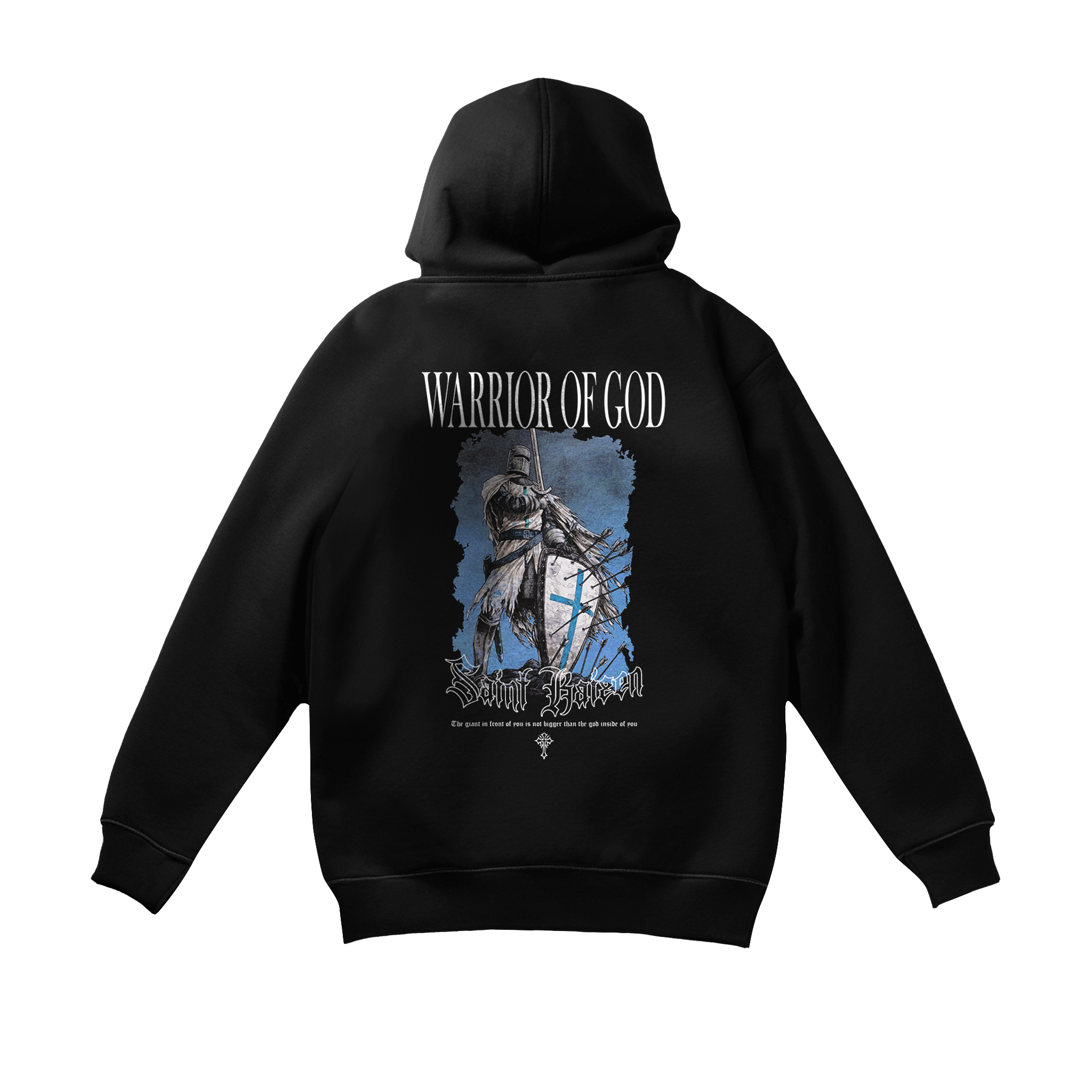 Saint Kaizen Warrior of God Hoodie. Heavyweight Christian gym wear hoodie featuring a durable with spiritual artwork.