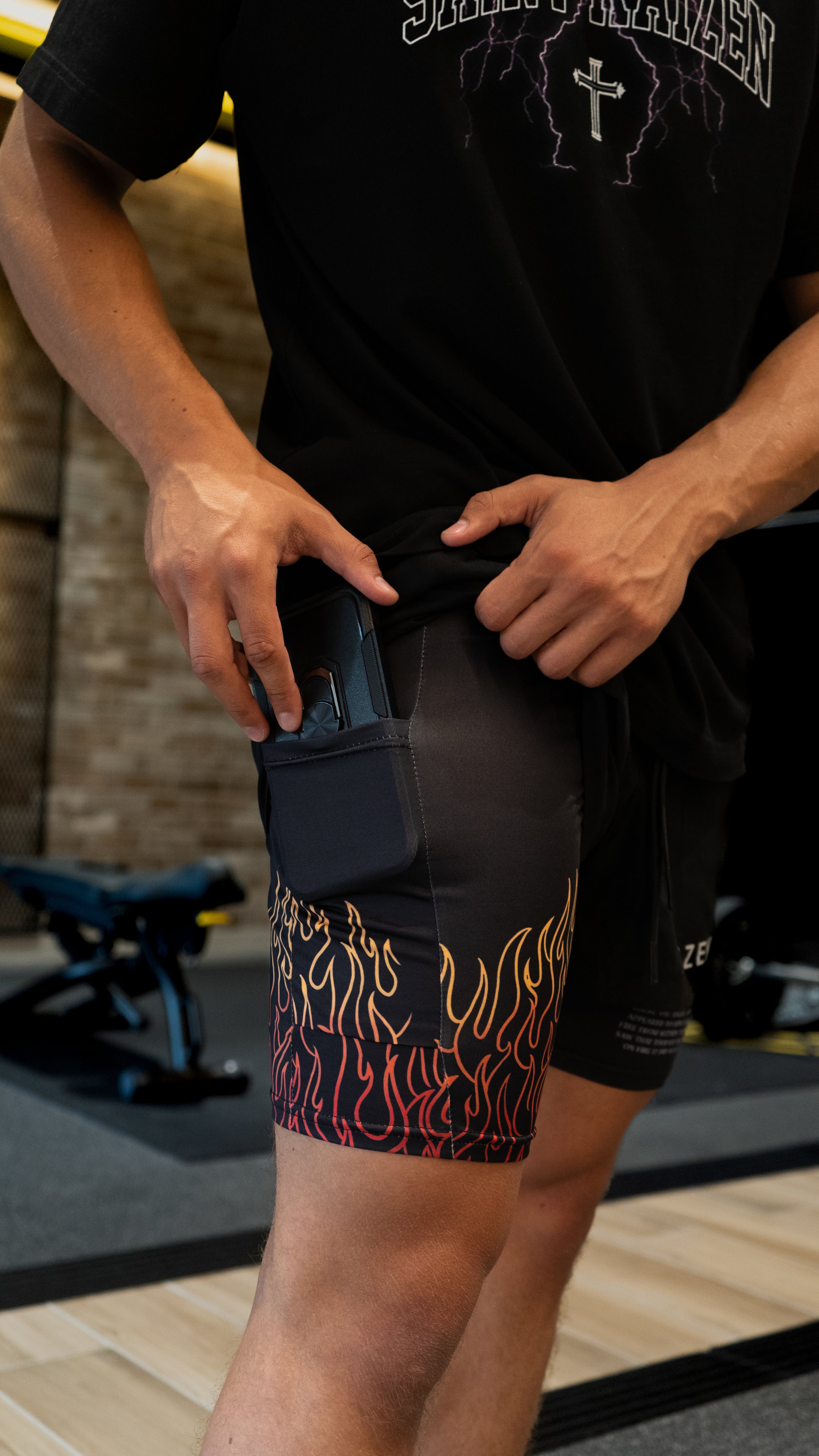 Christian-themed performance shorts with Bible verses, made from a blend of cotton and polyester with a spandex inner lining, featuring Saint Kaizen screen print and multiple pockets for convenience.