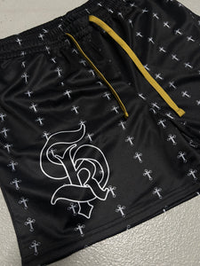 Christian-themed mesh gym shorts with Bible verses, made from 100% polyester, featuring double side pockets and a 5-inch inseam for comfort and mobility.