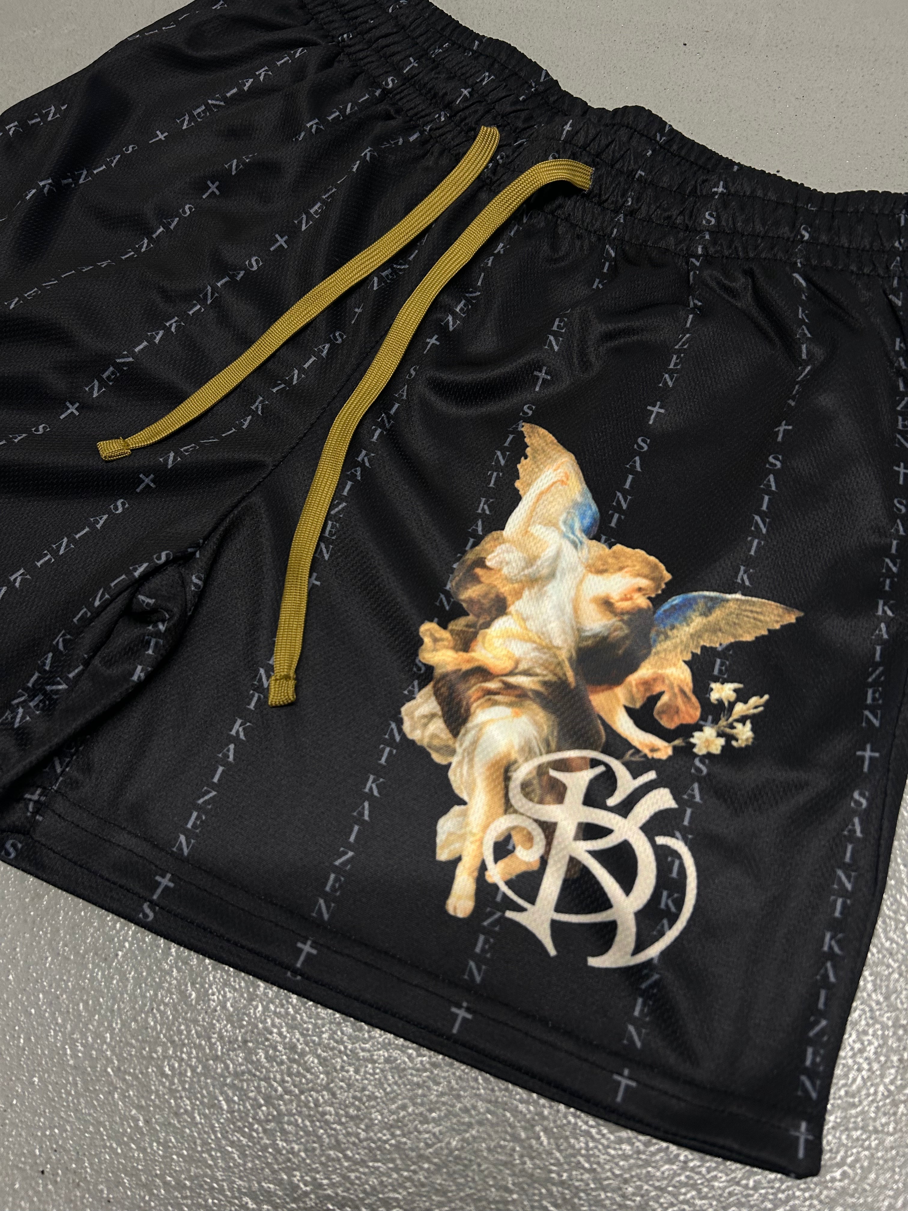 Christian-themed mesh gym shorts with Bible verses, made from 100% polyester, featuring double side pockets and a 5-inch inseam for comfort and mobility.