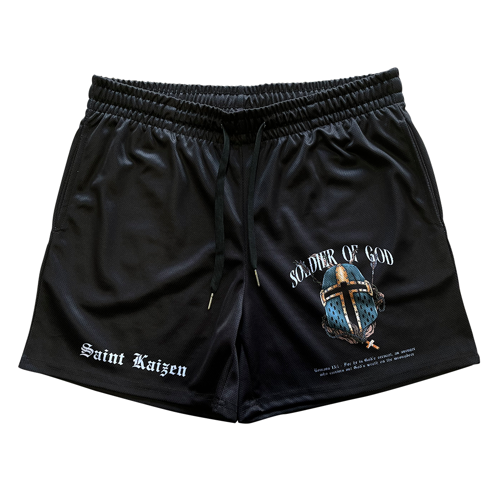 Christian-themed mesh gym shorts with Bible verses, made from 100% polyester, featuring double side pockets and a 5-inch inseam for comfort and mobility.