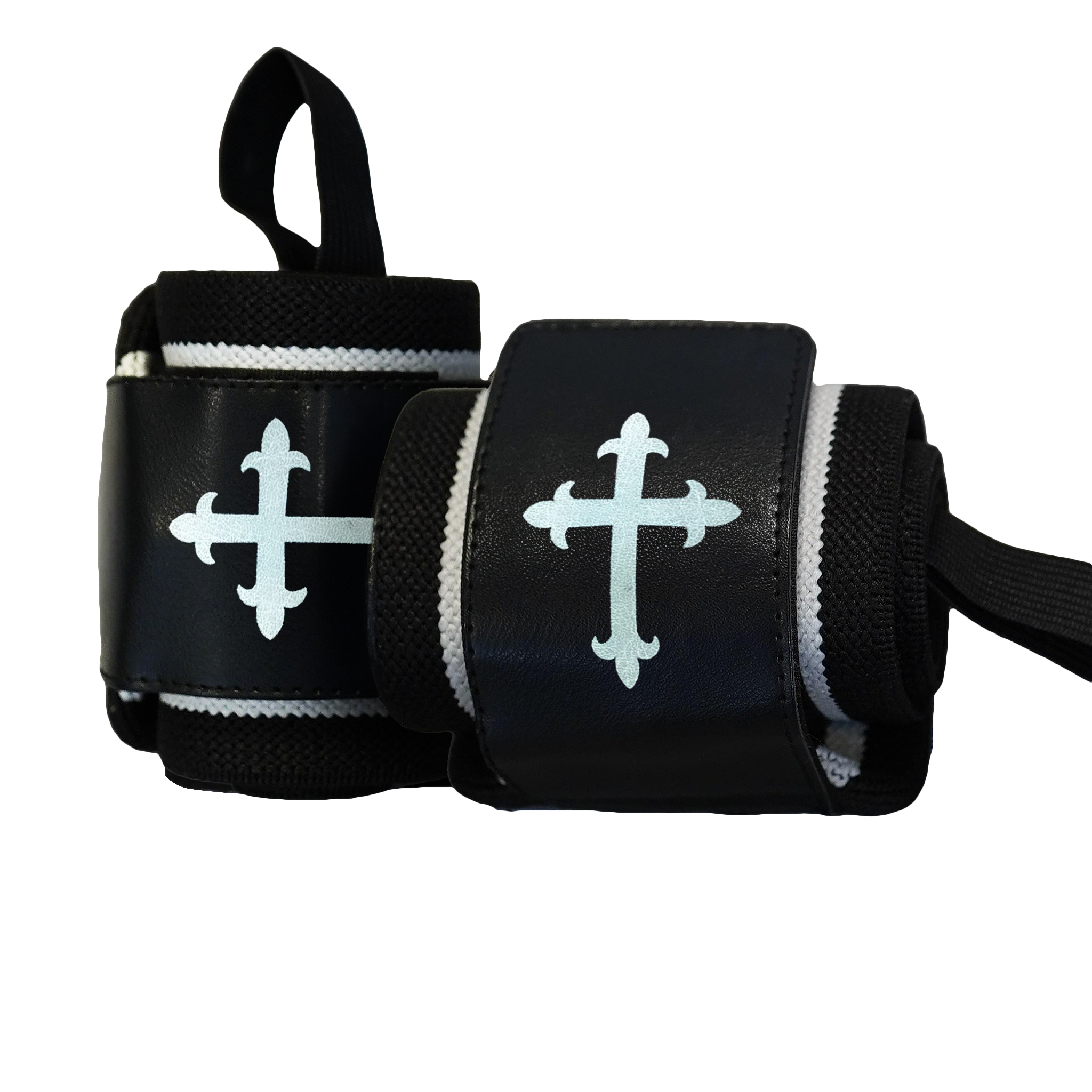 Christian-themed ultra-supportive and comfortable wrist wraps with a sleek design and leather Saint Kaizen badge. Sold as a pair. Perfect for weight training.