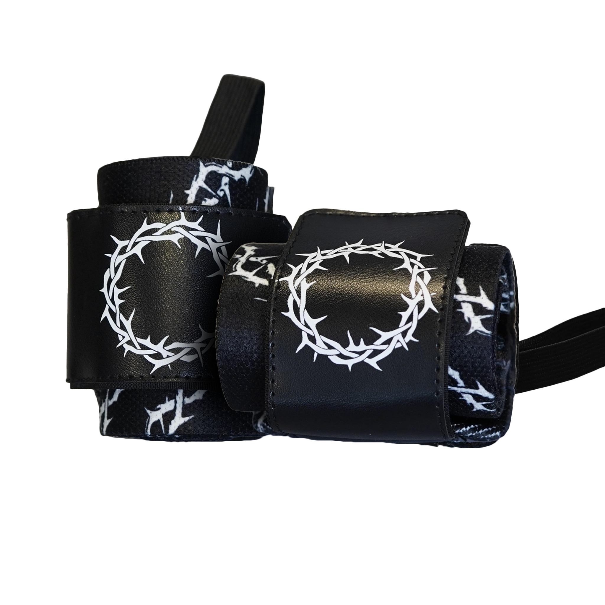 Christian-themed ultra-supportive and comfortable wrist wraps with a sleek design and leather Saint Kaizen badge. Sold as a pair. Perfect for weight training.