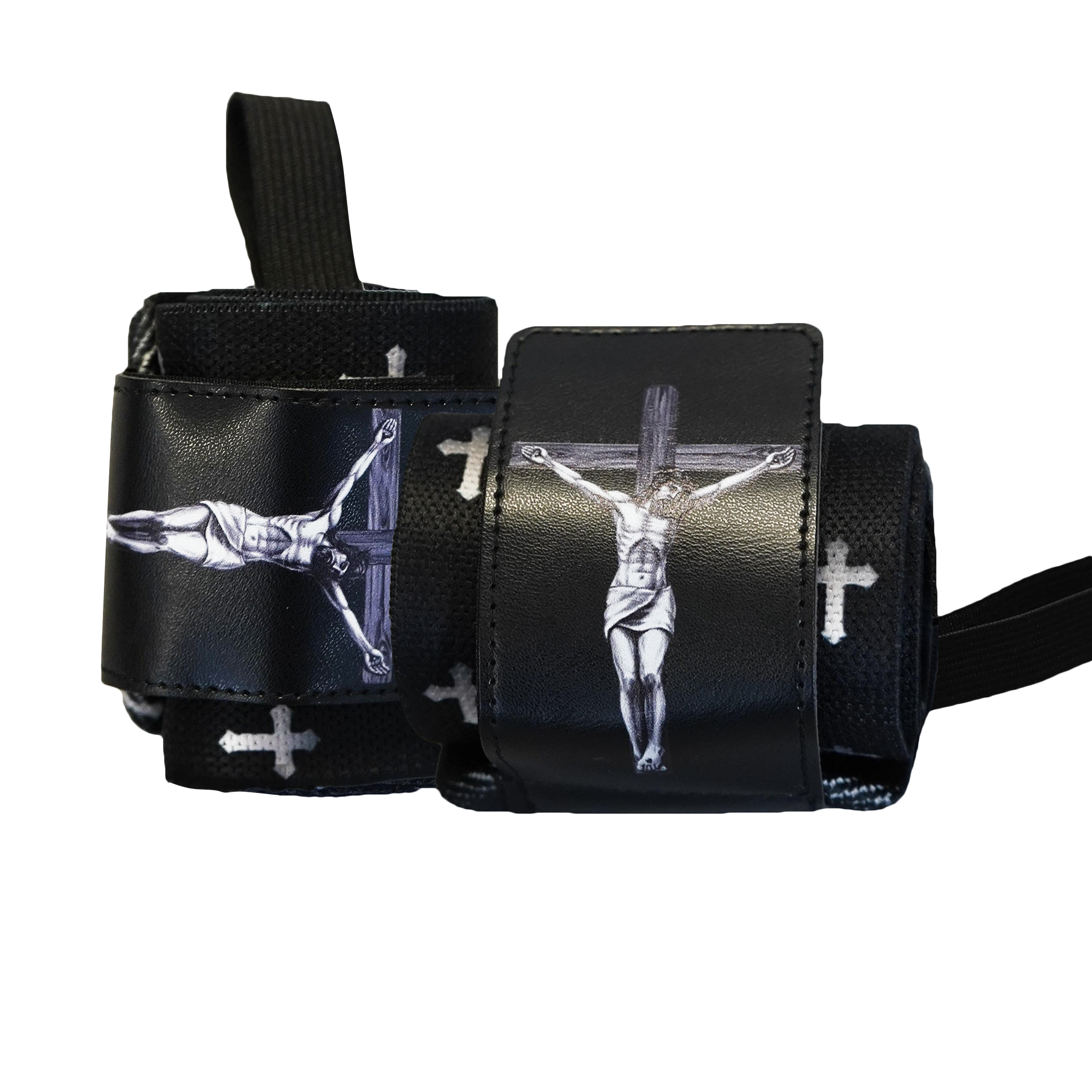 Christian-themed ultra-supportive and comfortable wrist wraps with a sleek design and leather Saint Kaizen badge. Sold as a pair. Perfect for weight training.