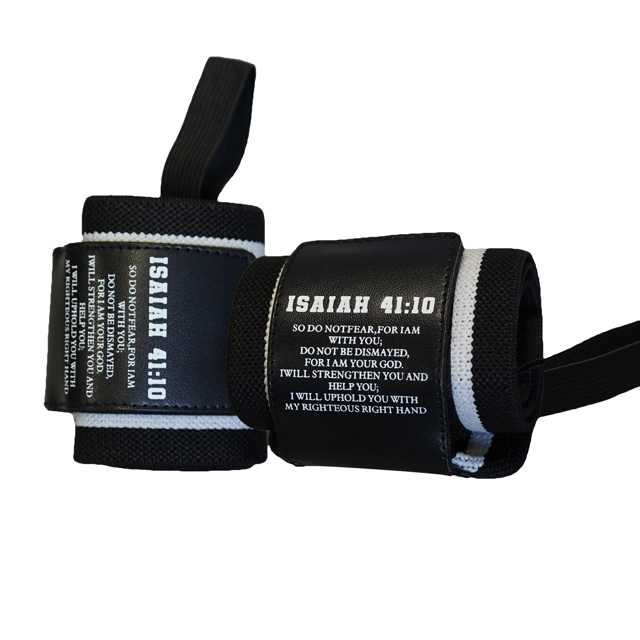 Christian-themed ultra-supportive and comfortable wrist wraps with a sleek design and leather Saint Kaizen badge. Sold as a pair. Perfect for weight training.