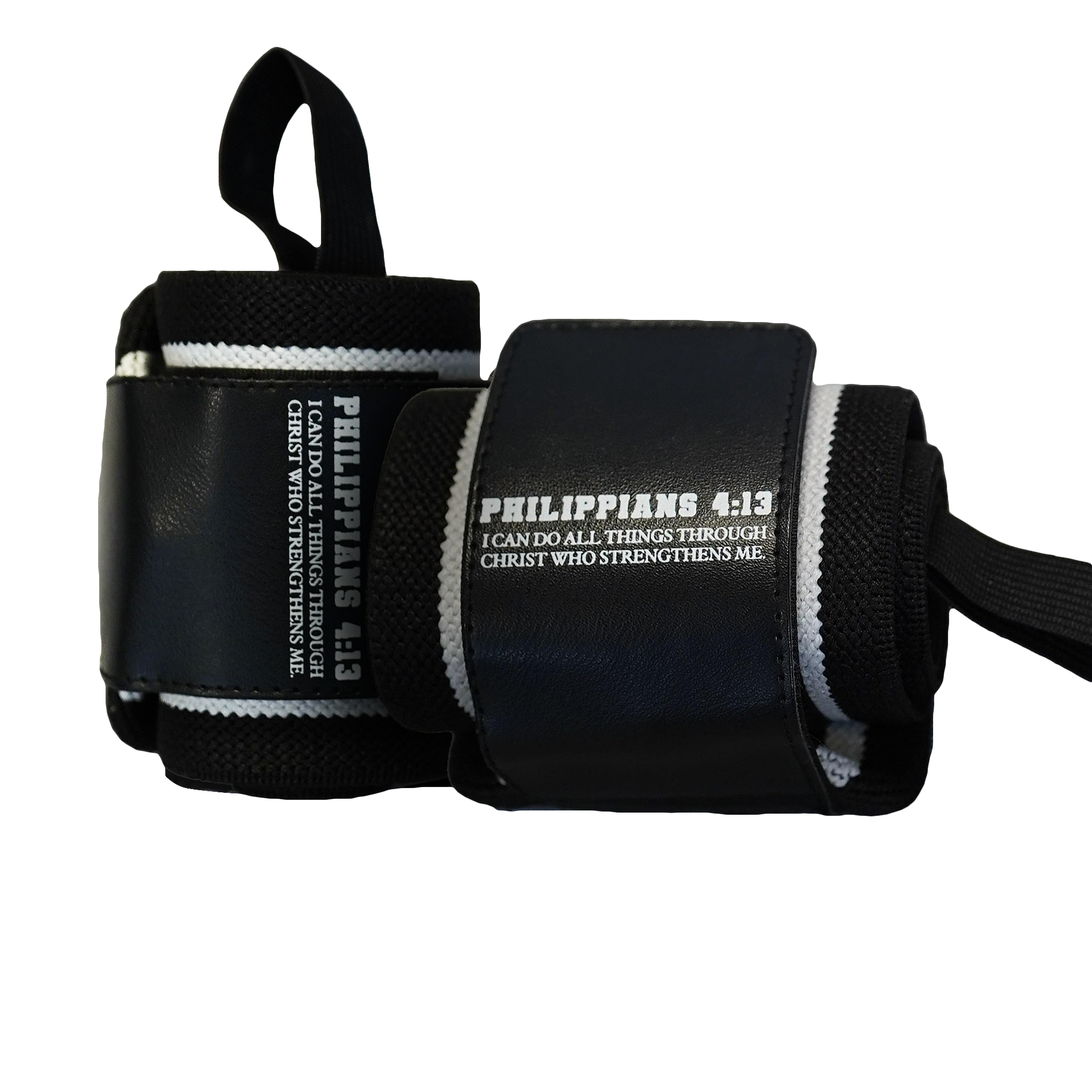 Christian-themed ultra-supportive and comfortable wrist wraps with a sleek design and leather Saint Kaizen badge. Sold as a pair. Perfect for weight training.