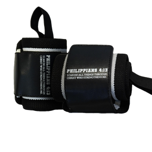 Christian-themed ultra-supportive and comfortable wrist wraps with a sleek design and leather Saint Kaizen badge. Sold as a pair. Perfect for weight training.