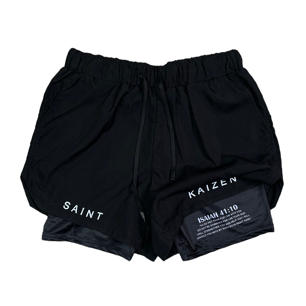 Christian-themed performance shorts with Bible verses, made from a blend of cotton and polyester with a spandex inner lining, featuring Saint Kaizen screen print and multiple pockets for convenience.