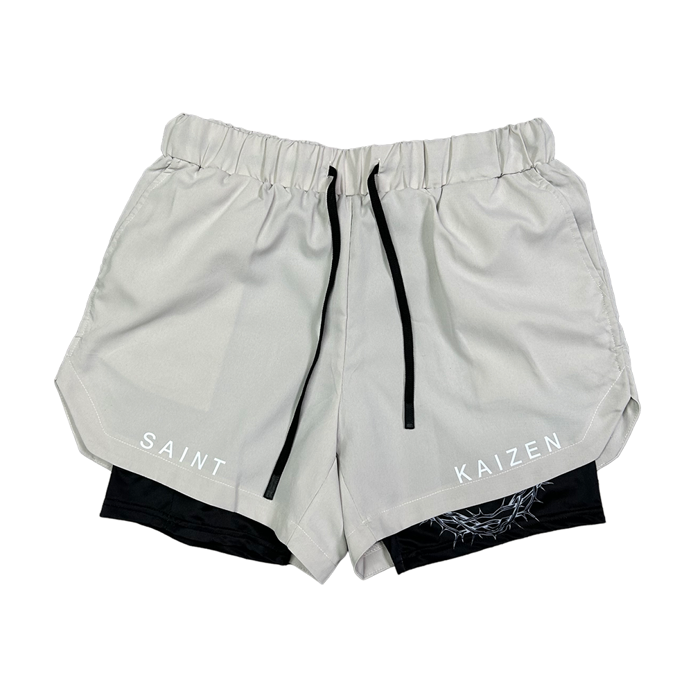 Christian-themed performance shorts with Bible verses, made from a blend of cotton and polyester with a spandex inner lining, featuring Saint Kaizen screen print and multiple pockets for convenience.