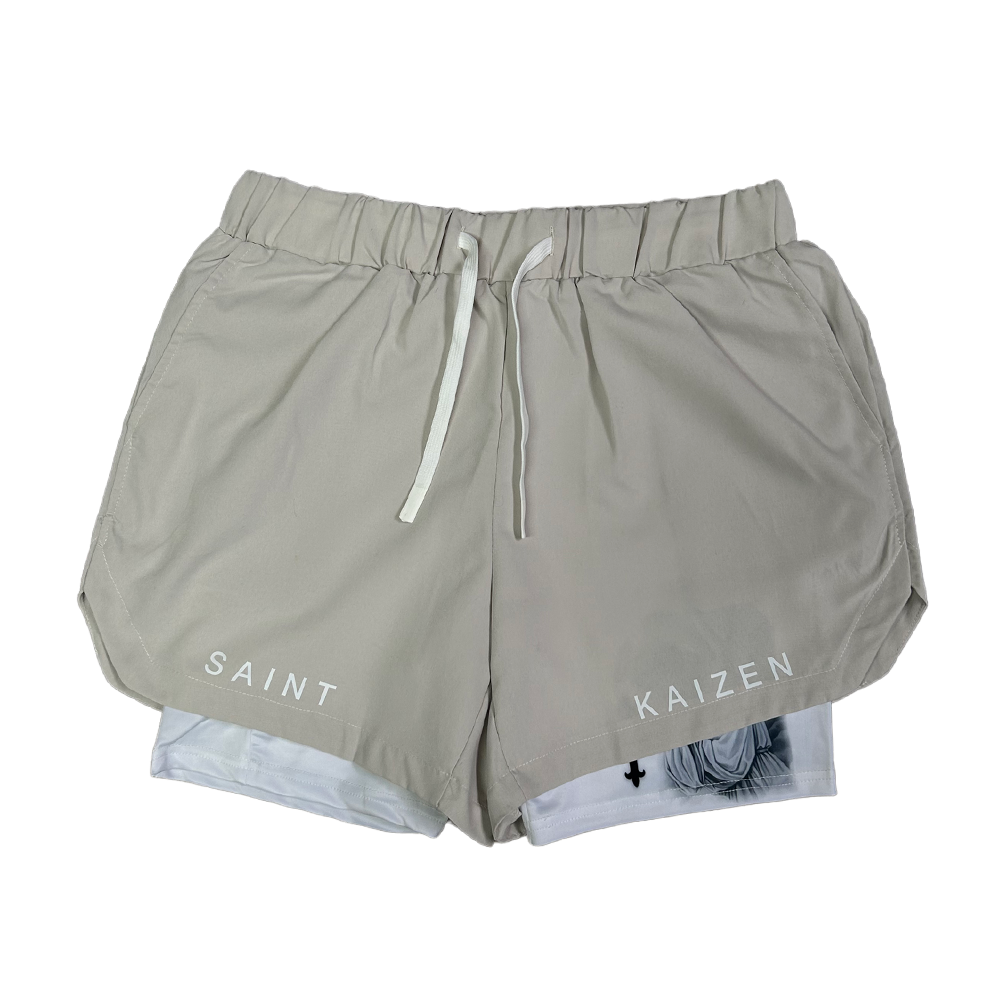 Christian-themed performance shorts with Bible verses, made from a blend of cotton and polyester with a spandex inner lining, featuring Saint Kaizen screen print and multiple pockets for convenience.