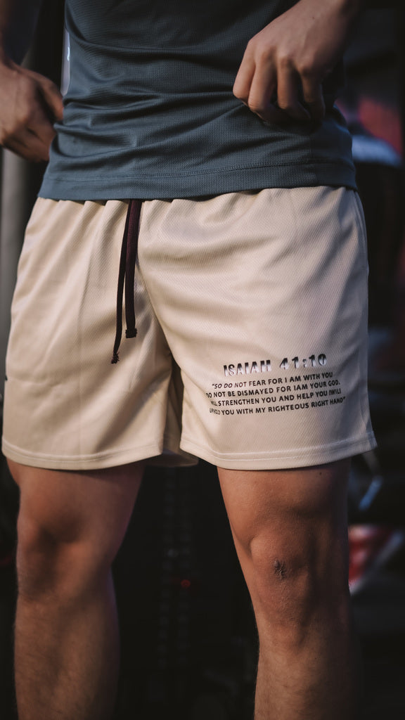 Christian-themed mesh gym shorts with Bible verses, made from 100% polyester, featuring double side pockets and a 5-inch inseam for comfort and mobility.
