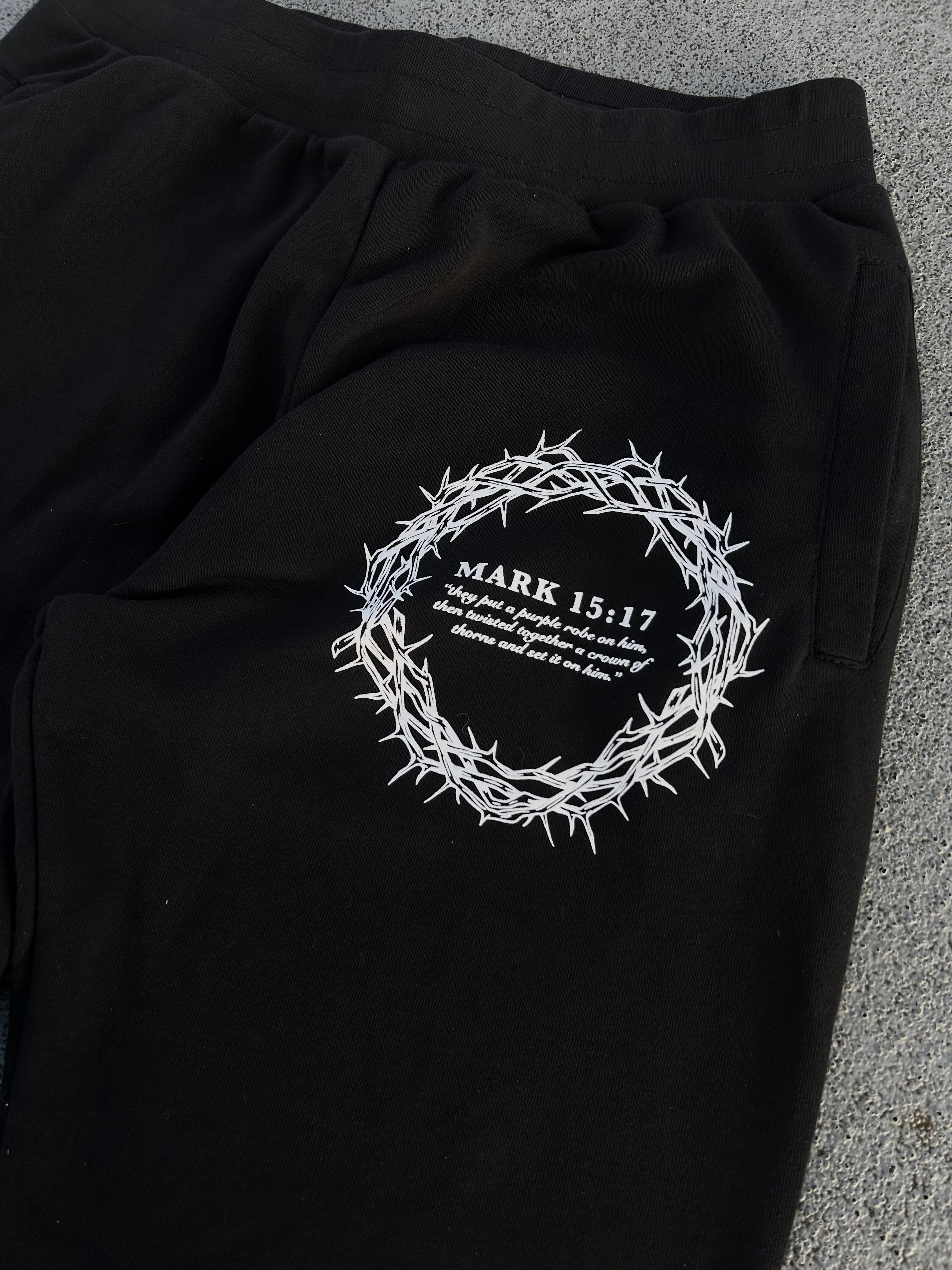 Christian-themed Joggers from Gym Wear, featuring inner drawstrings, premium screenprint, and a terry fleece interior made from 70% cotton, 27% polyester, and 3% spandex for comfort and style.