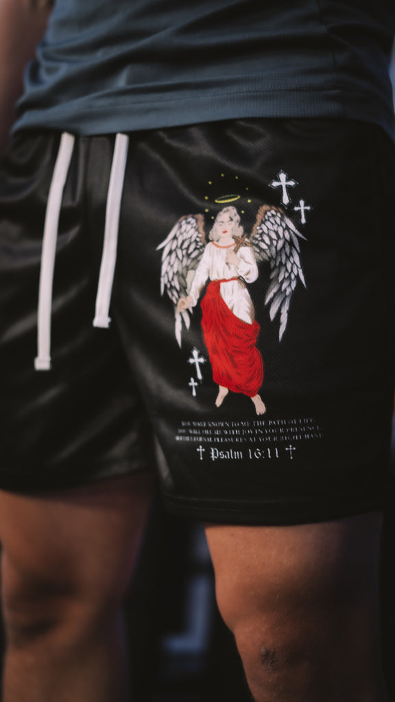 Christian-themed mesh gym shorts with Bible verses, made from 100% polyester, featuring double side pockets and a 5-inch inseam for comfort and mobility.